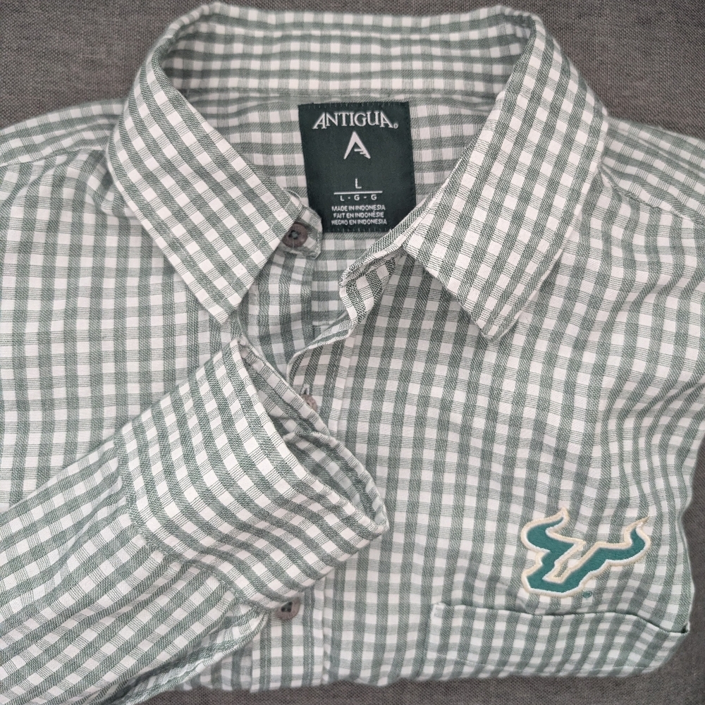 USF Bulls Antigua Mens Size L Button Up Green & White Gingham Shirt